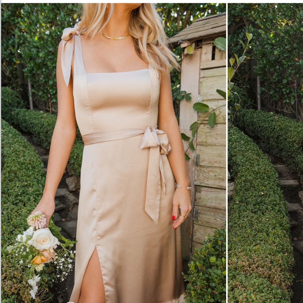 Show Me Your MuMu Satin Tie-Shoulder Midi Dress in Champagne Gold